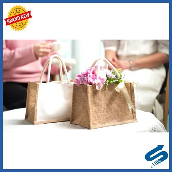 Reusable Burlap Tote Bags Waterproof Jute Canvas DIY Wedding Beach Gift - Picture 7 of 7